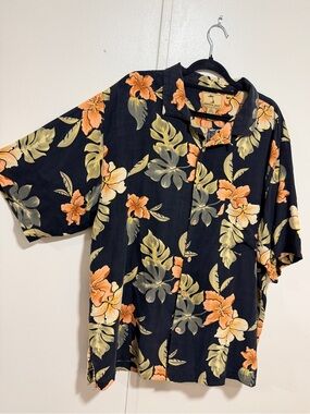Jamaica Jaxx 100% Silk Hawaiian Hibiscus Button Down Black Orange Mens Shirt XL